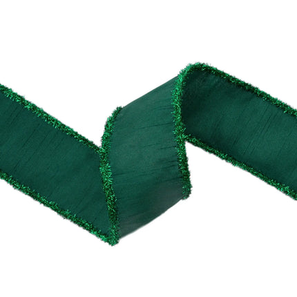 Rich 2 1/2" Wired Dupioni in Dark Green with Dark Green Tinsel Edging: festive event styling