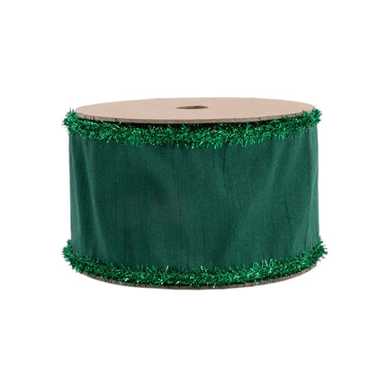 Elegant 2 1/2" Wired Dupioni (Dark Green w/ Dark Green Tinsel Edging): perfect for elegant tree accents