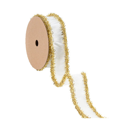 1" Wired Dupioni Ribbon | Ivory w/ Gold Tinsel Edging | 10 Yard Roll LaRibbons and Crafts
