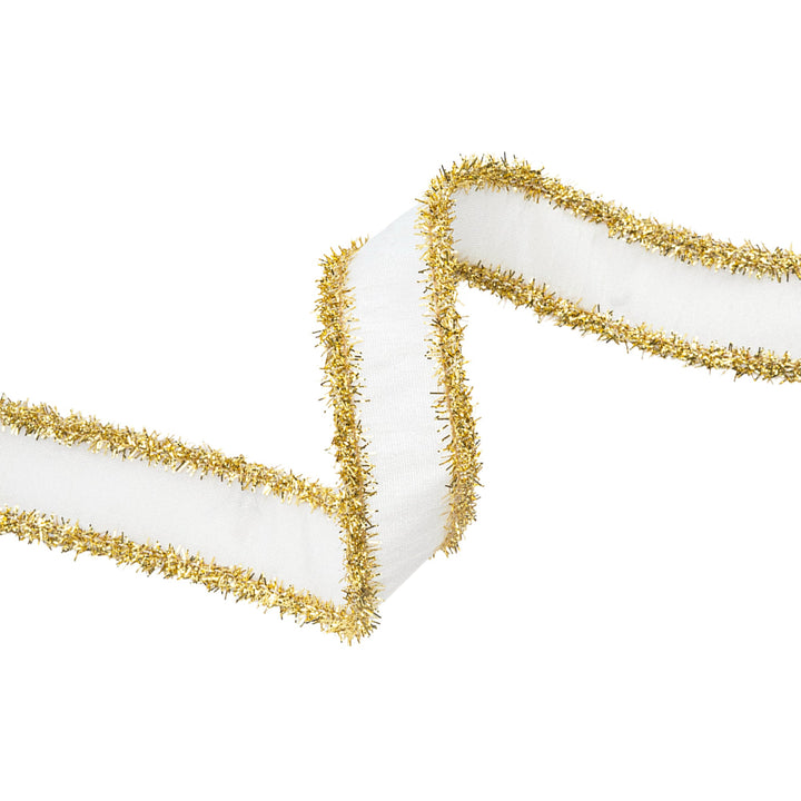 1" Wired Dupioni Ribbon | Ivory w/ Gold Tinsel Edging | 10 Yard Roll