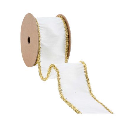2 1/2" Wired Dupioni Ribbon, white fabric with gold tinsel, premium material, spooled design.