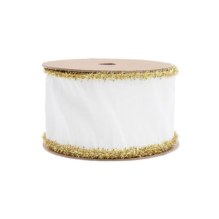 2 1/2" Wired Dupioni Ribbon spool, white with gold tinsel edges, neat winding, chic for decor.