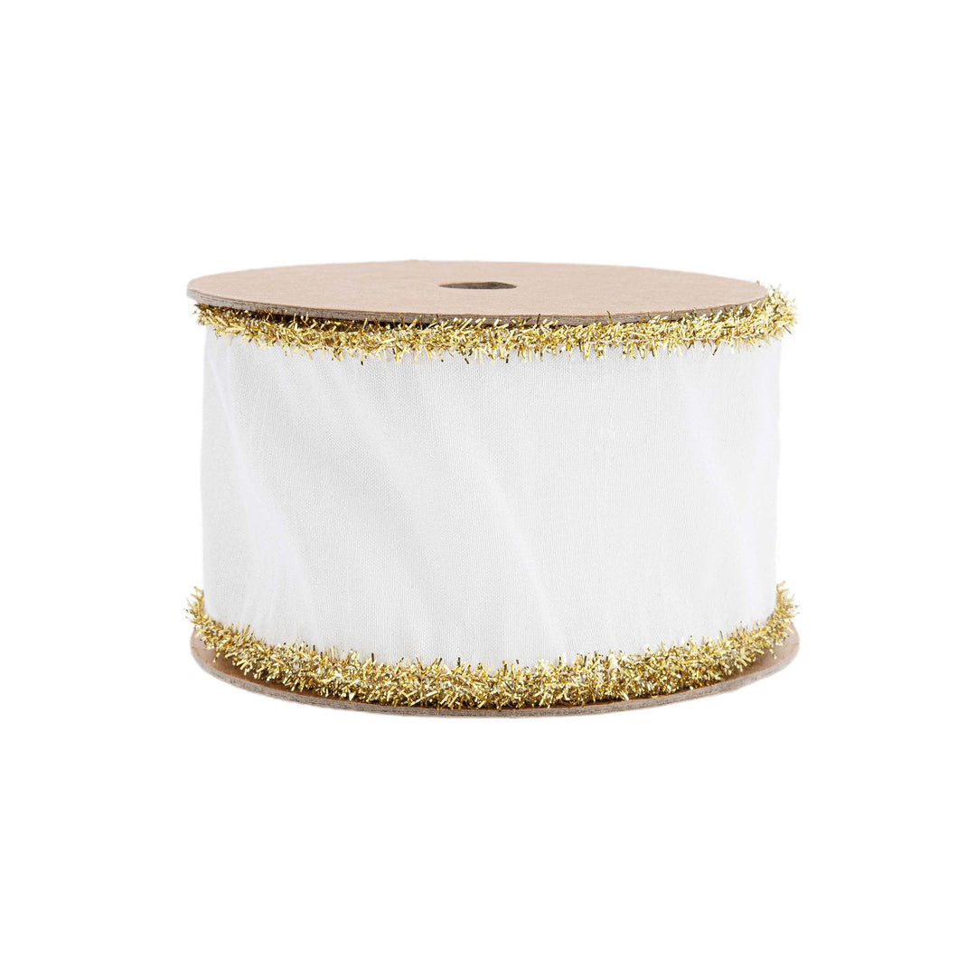 2 1/2" Wired Dupioni Ribbon | Ivory w/ Gold Tinsel Edging | 10 Yard Roll LaRibbons and Crafts