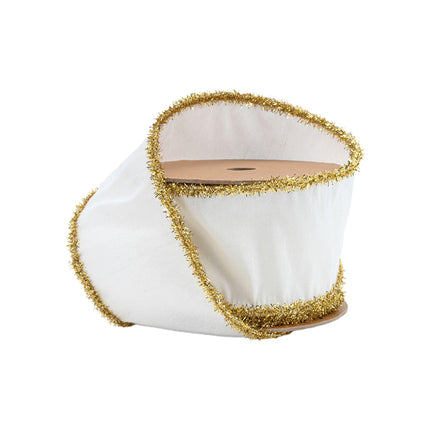 2 1/2" Wired Dupioni Ribbon, white with gold tinsel edges, spooled for festive elegance.