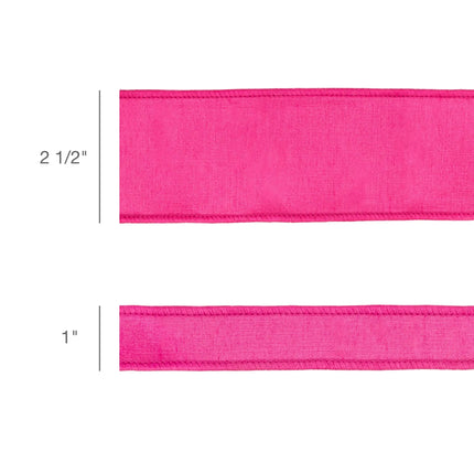 2.5" & 1" solid hot pink wired dupioni ribbon samples with finished stitched edges for gift bows and floral DIY decor