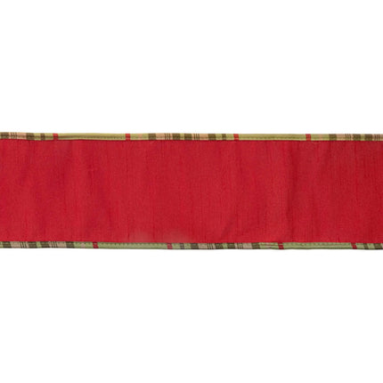 Moss plaid trimmed red dupioni wired ribbon 4-inch wide for mantel swag and front door decor