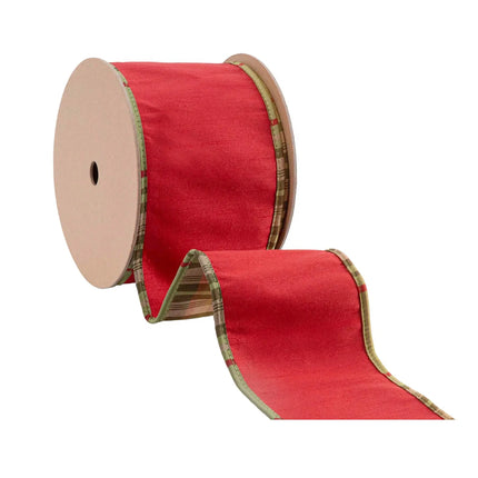 Red dupioni wire edged ribbon spool, 4 inch width with moss plaid border and reverse fabric