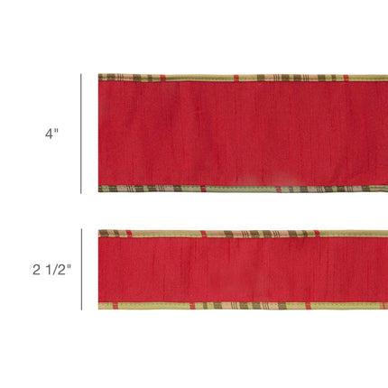 4" & 2.5" red dupioni wired ribbon with moss plaid piping edge for Christmas decor crafts