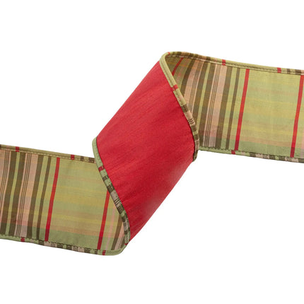 Premium 4" wired dupioni ribbon solid red front moss plaid piping backing for seasonal gift wrapping