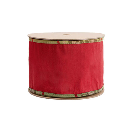 4" reversible red dupioni wired ribbon, moss plaid trim and lining for holiday decorative bows