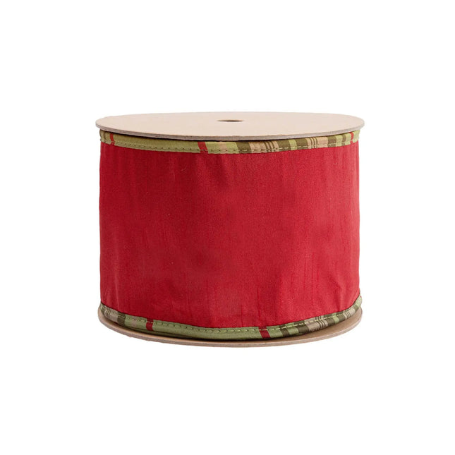4" reversible red dupioni wired ribbon, moss plaid trim and lining for holiday decorative bows