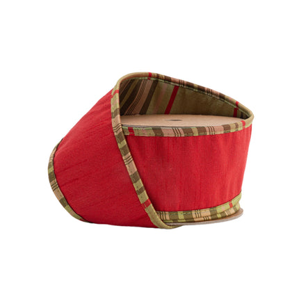 2 1/2" Wired Dupioni Ribbon | Red w/ Moss Plaid Piping and Backing | 10 Yard Roll LaRibbons and Crafts
