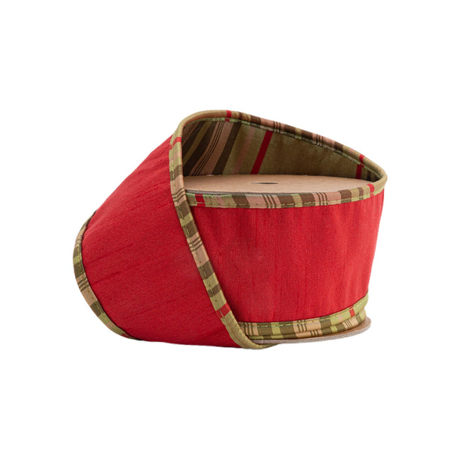 2 1/2" Wired Dupioni Ribbon | Red w/ Moss Plaid Piping and Backing | 10 Yard Roll LaRibbons and Crafts