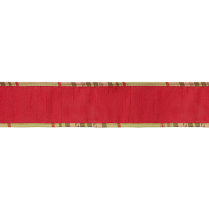 2 1/2" Wired Dupioni Ribbon | Red w/ Moss Plaid Piping and Backing | 10 Yard Roll LaRibbons and Crafts