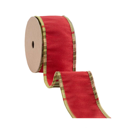 2 1/2" Wired Dupioni Ribbon | Red w/ Moss Plaid Piping and Backing | 10 Yard Roll LaRibbons and Crafts