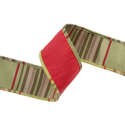 2 1/2" Wired Dupioni Ribbon | Red w/ Moss Plaid Piping and Backing | 10 Yard Roll LaRibbons and Crafts