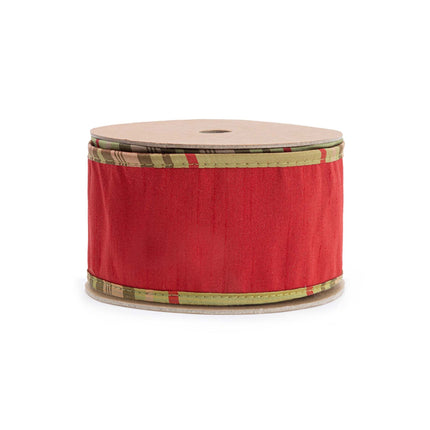 2 1/2" Wired Dupioni Ribbon | Red w/ Moss Plaid Piping and Backing | 10 Yard Roll LaRibbons and Crafts