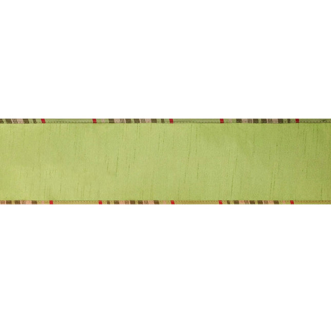 Two-sided moss dupioni wired edge ribbon with matching plaid trim and reverse side