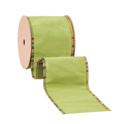 4" sturdy wired reversible moss green ribbon with plaid piping lining, suited for harvest table centerpieces