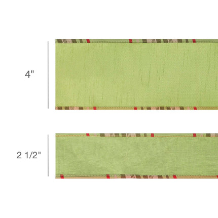 Size comparison image of 4 inch and 2.5 inch moss green wired dupioni ribbon with moss plaid piping