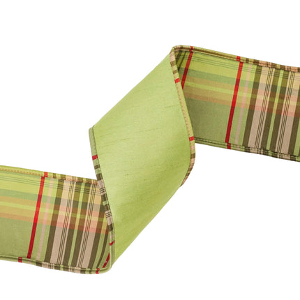 Textured moss dupioni fabric ribbon roll with plaid piping and plaid backing, perfect for gift wrapping