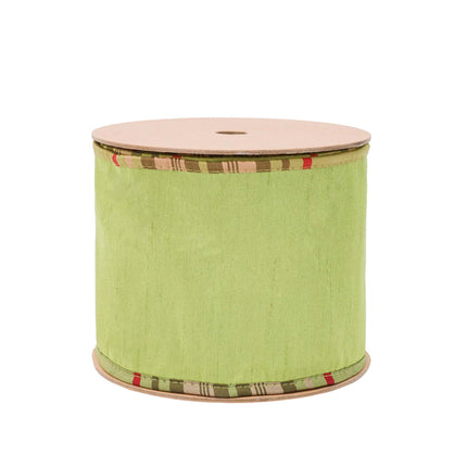 Premium reversible wired moss green ribbon with moss plaid accents, works well for neutral wedding greenery