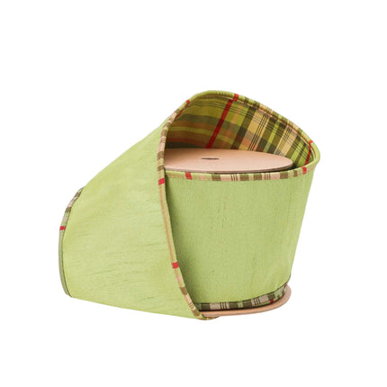 4" wired reversible dupioni ribbon, solid moss green front with moss plaid piping and plaid backing
