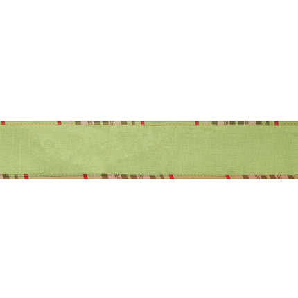 2 1/2" Wired Reversible Dupioni Ribbon | Moss w/ Moss Plaid Piping and Backing | 10 Yard Roll LA Ribbons Wholesale