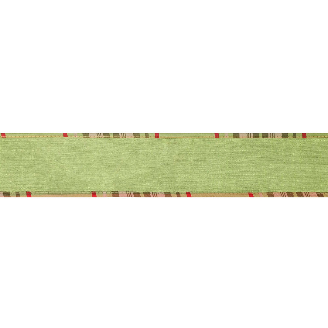 2 1/2" Wired Reversible Dupioni Ribbon | Moss w/ Moss Plaid Piping and Backing | 10 Yard Roll