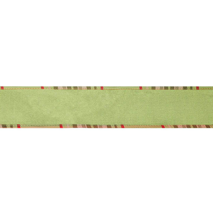 2 1/2" Wired Reversible Dupioni Ribbon | Moss w/ Moss Plaid Piping and Backing | 10 Yard Roll