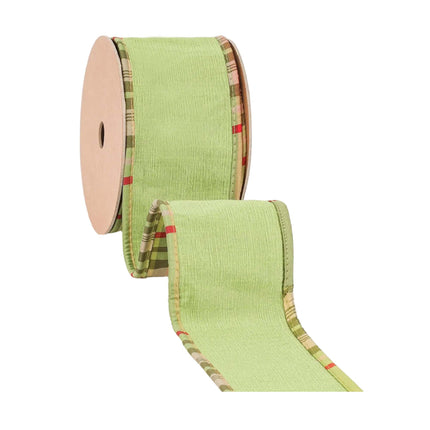 A roll of textured green ribbon with a plaid reverse, great for creating earthy, seasonal accents and decorative crafts for home and events.