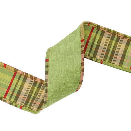 2 1/2" Wired Reversible Dupioni Ribbon | Moss w/ Moss Plaid Piping and Backing | 10 Yard Roll LA Ribbons Wholesale