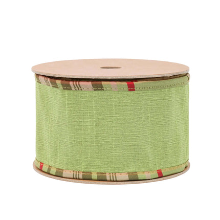 2 1/2" Wired Reversible Dupioni Ribbon | Moss w/ Moss Plaid Piping and Backing | 10 Yard Roll LA Ribbons Wholesale