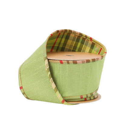 2 1/2" Wired Reversible Dupioni Ribbon | Moss w/ Moss Plaid Piping and Backing | 10 Yard Roll LA Ribbons Wholesale