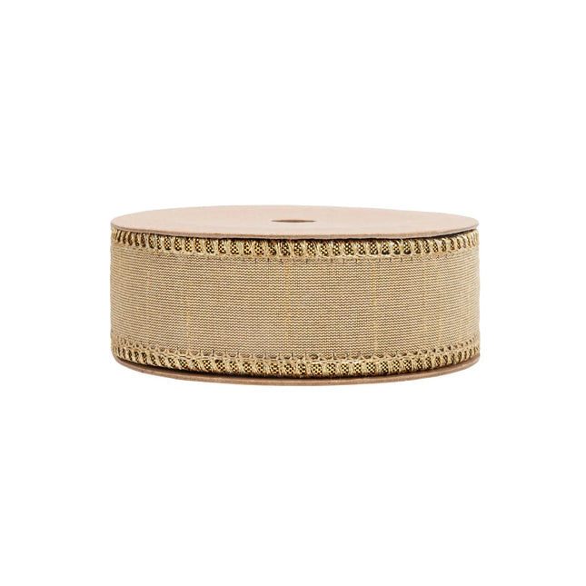 Woven gold dupion wired edge ribbon roll paired with metallic fused reverse side, ideal for formal event decor