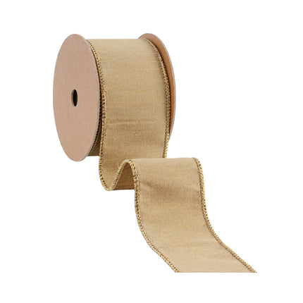 Part-unfurled light gold dupion ribbon roll, metallic gold backing, wired trim.