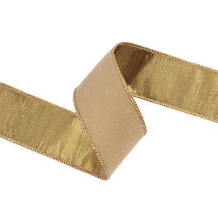Light gold dupion ribbon (metallic backing), folded, sleek gold wired trim.