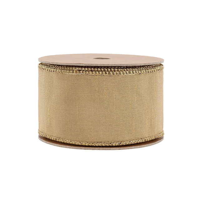 Woven gold dupion wired edge ribbon roll paired with metallic fused reverse side, ideal for formal event decor