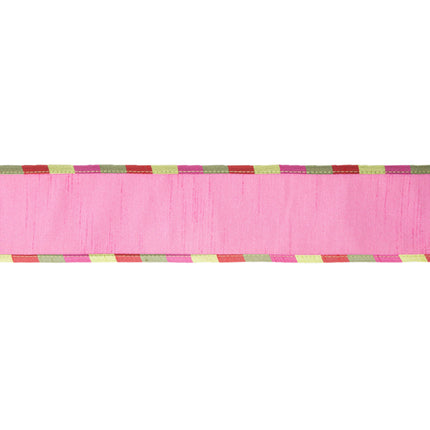 Reversible pink textured ribbon with colorful plaid trim (green, red, pink) and a apple green back, ideal for DIY projects and home decorations.