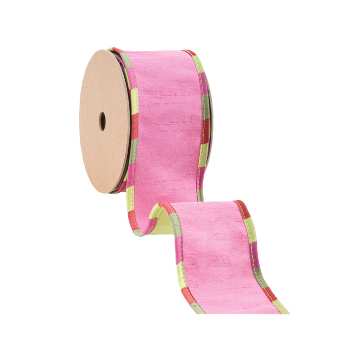 2 1/2" Wired Reversible Ribbon | Pink/Apple Green Dupion Apsen Check Piping | 10 Yard Roll