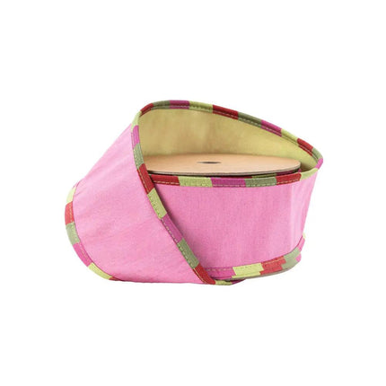 2 1/2" Wired Reversible Ribbon | Pink/Apple Green Dupion Apsen Check Piping | 10 Yard Roll LaRibbons Wholesale