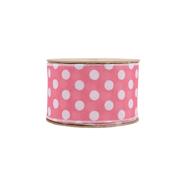 2 1/2" Wired Ribbon | Pink w/ White Polka Dot | 10 Yard Roll