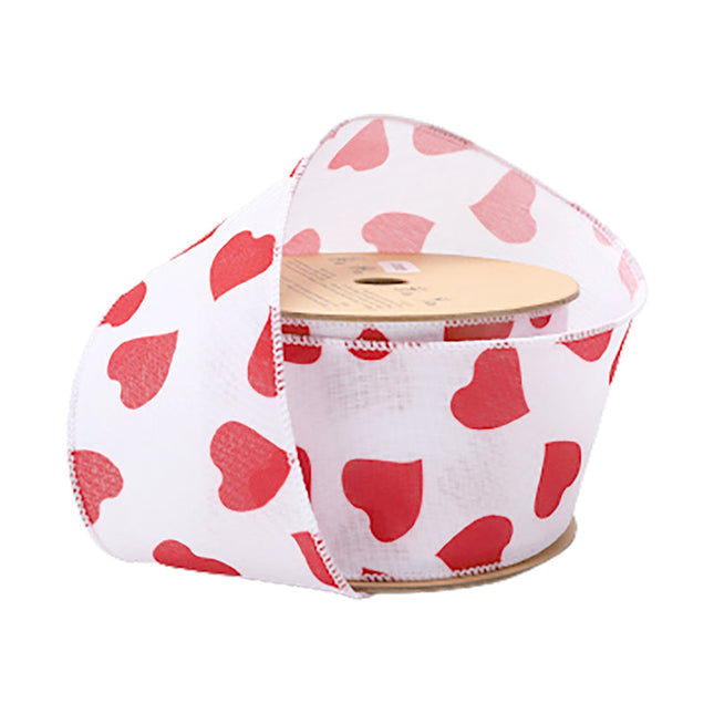 2 1/2" Wired Ribbon | White w/ Red Heart LaRibbons and Crafts