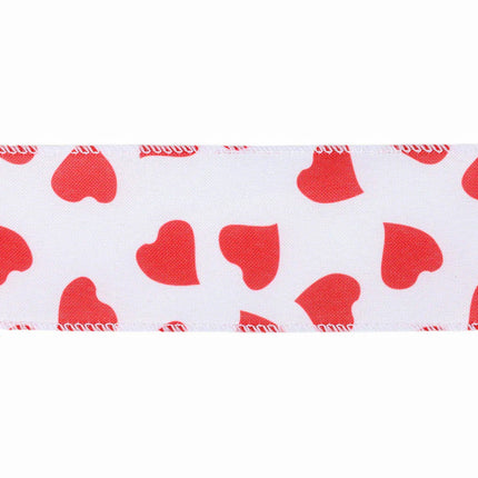 Close-up: White wired ribbon, bold red hearts, neat red stitched edges.