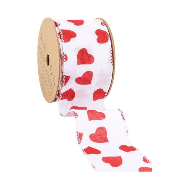 2 1/2" Wired Ribbon | White w/ Red Heart LaRibbons and Crafts