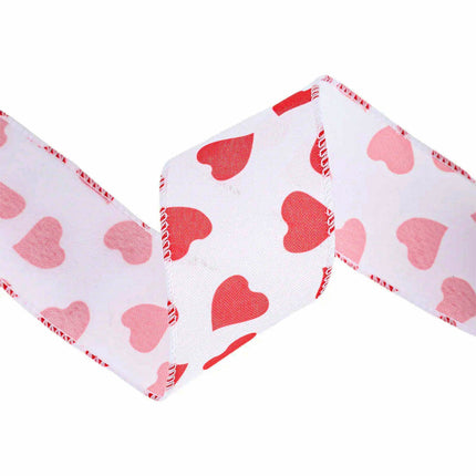  Folded white wired ribbon: Bold red + soft pink hearts, red stitched edges.