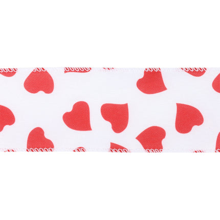 2 1/2" Wired Ribbon | White w/ Red Heart LaRibbons and Crafts