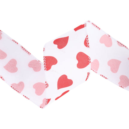 2 1/2" Wired Ribbon | White w/ Red Heart LaRibbons and Crafts