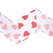2 1/2" Wired Ribbon | White w/ Red Heart