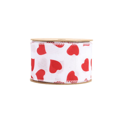 2 1/2" Wired Ribbon | White w/ Red Heart LaRibbons and Crafts
